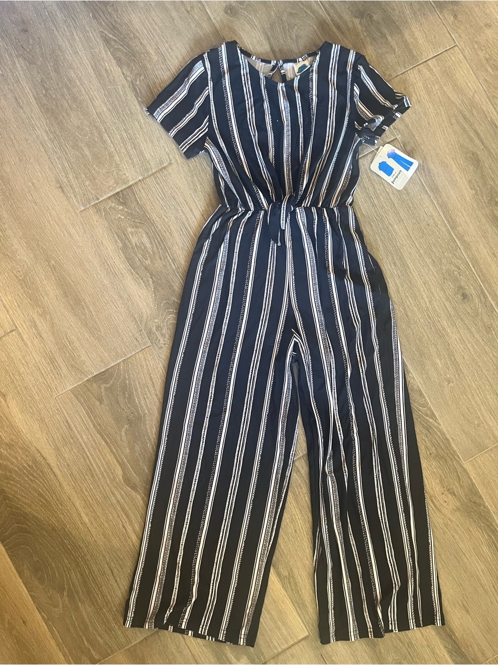 Striped Navy Short-Sleeve Kids Jumpsuit with Tie Waist
